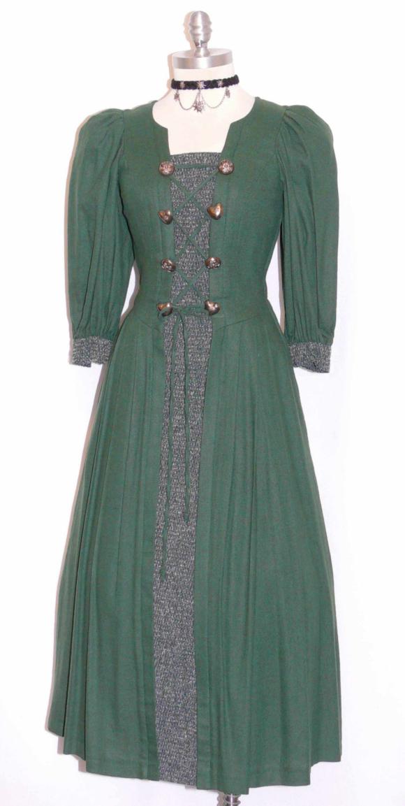 GREEN Cotton German Long Church Summer Dress 34 4 6 S  