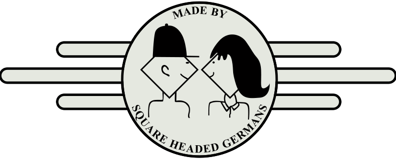 Two figures with square heads facing each other.